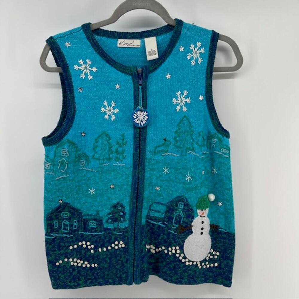 Kim Rogers Winter Scene Novelty Sweater Vest Womens M Zip Snowman Snowflakes
